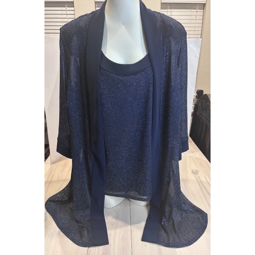 R&M Richards Woman Navy Blue Metallic Shimmer 2-Piece Mock Jacket Top Set 20W